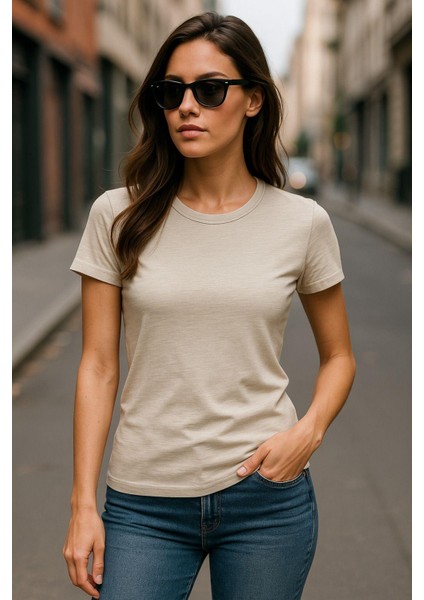 Kadın %100 Organik Pamuklu Relaxed Yıkamalı T-Shirt Bisiklet Yaka Kısa Kollu Kadın Basic Tişört