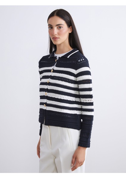 Yeni Sezon Polo Yaka Çizgili Ajurlu Kadın Triko Hırka