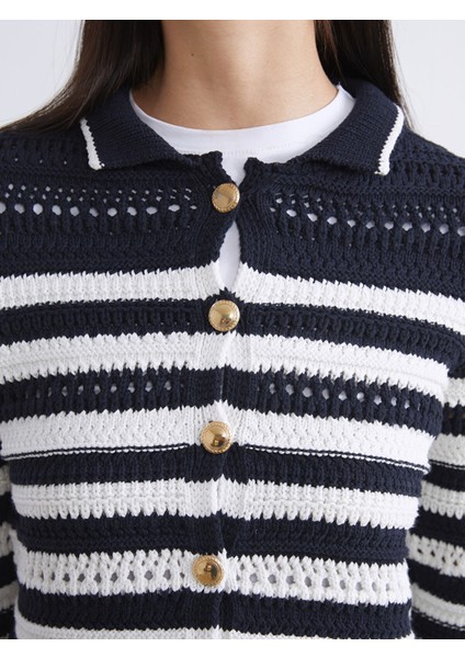 Yeni Sezon Polo Yaka Çizgili Ajurlu Kadın Triko Hırka modelleri