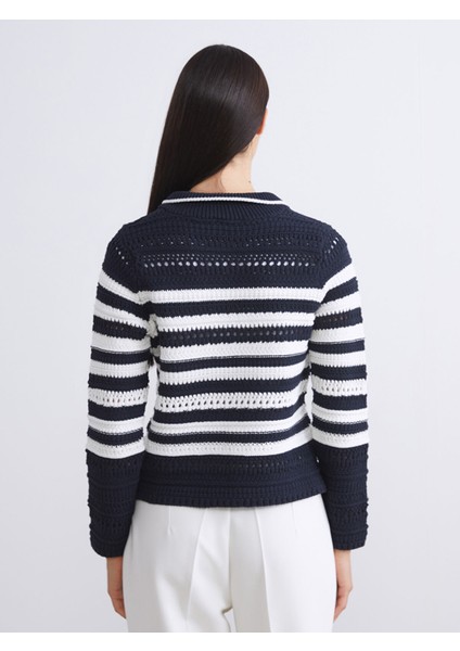 Yeni Sezon Polo Yaka Çizgili Ajurlu Kadın Triko Hırka fırsatları