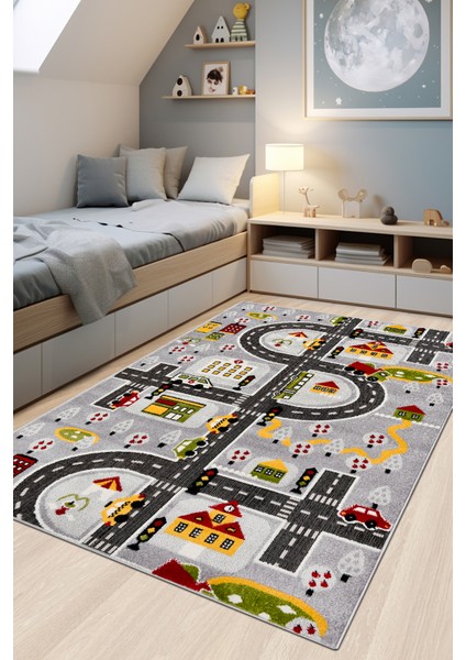 Oyun Şehri Çocuk Oyun Halısı | 3 Boyutlu Araba Yolu Desenli, Tozumaz, Kolay Temizlik, Jüt Tabanlı modelleri