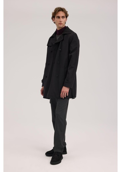 Siyah Comfort Fit Kruvaze Kemerli Trençkot fiyatları