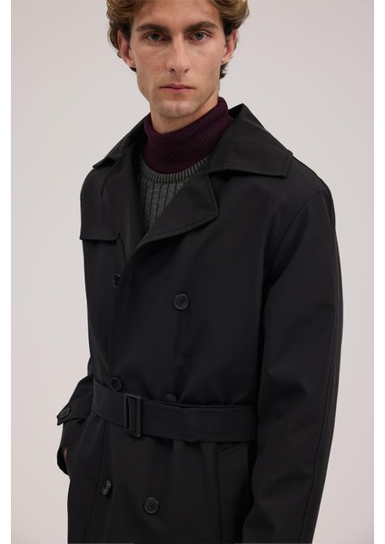 Siyah Comfort Fit Kruvaze Kemerli Trençkot modelleri