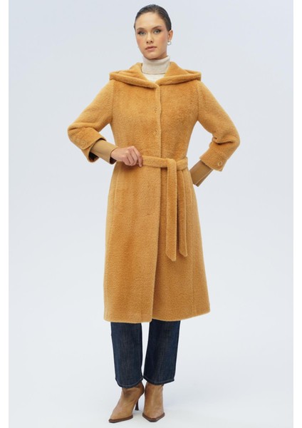 Kapüşonlu Ribana Detaylı Pelüş Kaban Kamel 3118 indirimleri