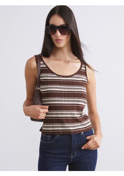 Yeni Sezon U Yaka Çizgili Kadın Triko Atlet