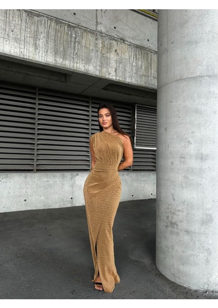 Flowers Ön Pileli Tek Omuz Abiye Elbise 583314 Gold