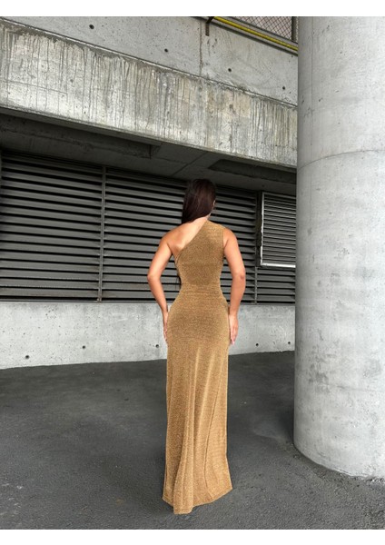 Flowers Ön Pileli Tek Omuz Abiye Elbise 583314 Gold fırsatları