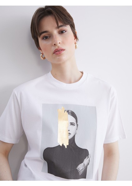 Yeni Sezon Bisiklet Yaka Baskılı Oversize Kadın Tişört