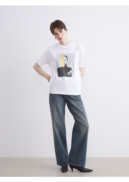 Yeni Sezon Bisiklet Yaka Baskılı Oversize Kadın Tişört fiyatları