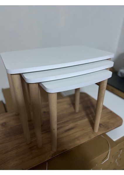 Yalın Serisi – Beyaz Mdf 3’lü Zigon Sehpa Seti | Masif Kayın Ayak + 18 mm Mdf Tabla fırsatları