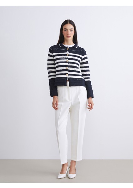 Yeni Sezon Polo Yaka Çizgili Ajurlu Kadın Triko Hırka fiyatları