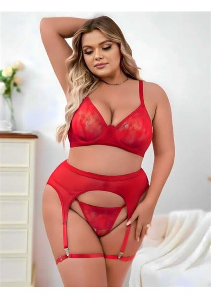 Arias Closet Büyük Beden Kırmızı Dantel Işlemeli Fantezi Jartiyer Takımı