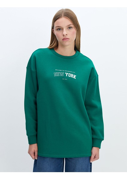 Yeni Sezon Bisiklet Yaka Baskılı Oversize Kadın Kalın Sweatshirt Tunik