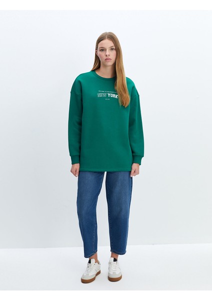 Yeni Sezon Bisiklet Yaka Baskılı Oversize Kadın Kalın Sweatshirt Tunik fiyatları