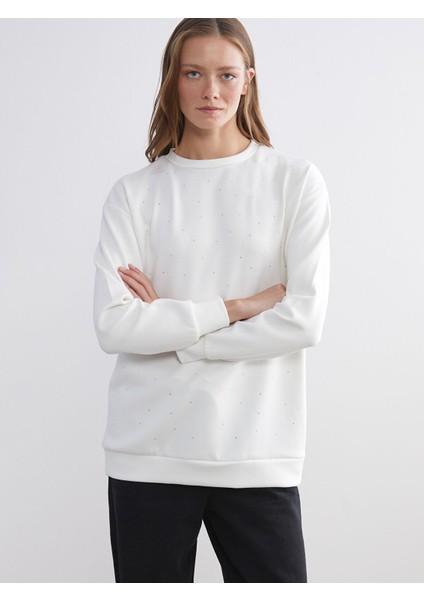 Yeni Sezon Bisiklet Yaka Taşlı Kadın Sweatshirt