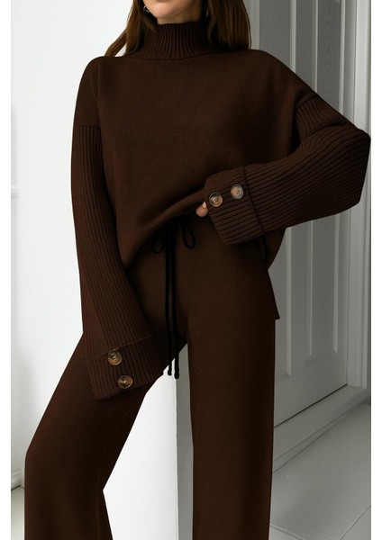 Yeni Ürün Dik Yaka Düğme Detaylı Oversize Kazak-Pantolon Triko Alt Üst Takım 0034