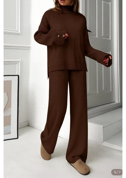 Yeni Ürün Dik Yaka Düğme Detaylı Oversize Kazak-Pantolon Triko Alt Üst Takım 0034 fiyatları