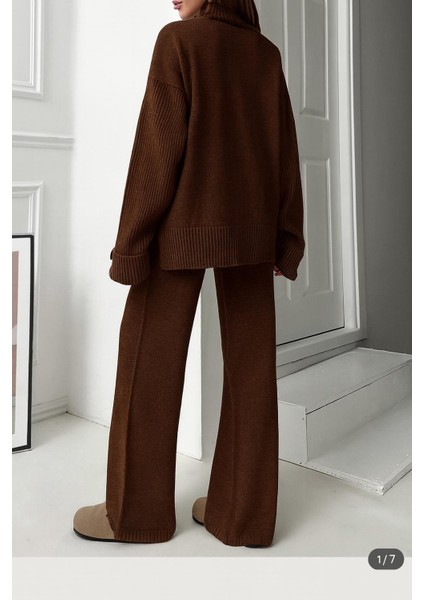 Yeni Ürün Dik Yaka Düğme Detaylı Oversize Kazak-Pantolon Triko Alt Üst Takım 0034 modelleri