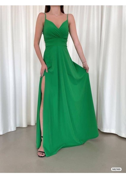 Esnek Kumaş Ip Askılı Yırtmaç Detaylı Uzun Abiye ve Mezuniyet Elbisesi Yeşil 582189 fiyatları