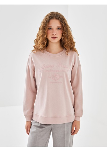 Yeni Sezon Bisiklet Yaka Nakışlı Kadın Sweatshirt