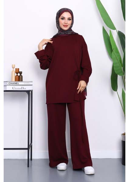 Mürdüm Yan Bağlamalı Tunik Pantolonlu Modal Takım
