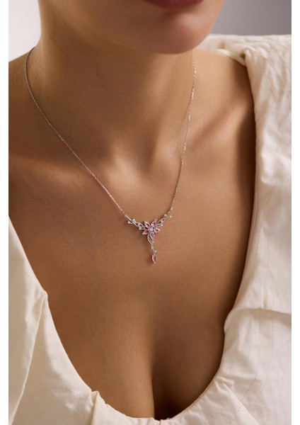 925 Ayar Gümüş Pembe Taşlı Sarmaşık Model Yıldız Detaylı Kolye indirimleri