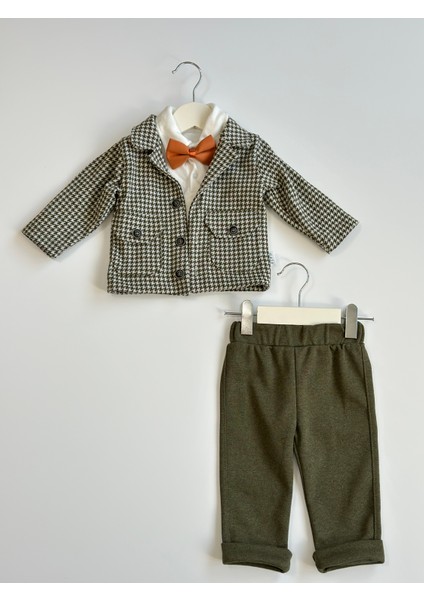 Ekose Ceketli Erkek Bebek 3'lü Papyonlu Takım Set