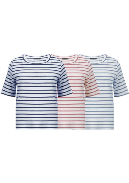 Kadın 3'lü Paket Bisiklet Yaka Kısa Kollu T-Shirt