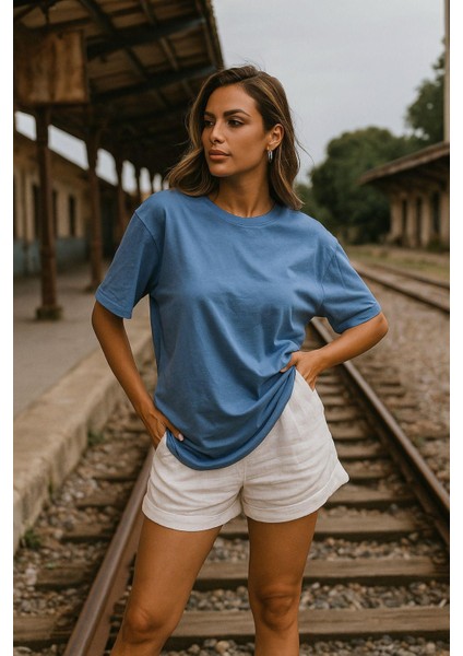 Kadın Mavi %100 Pamuk Oversize Basic Tişört – Rahat Kalıp Relaxed Bisiklet Yaka T-Shirt modelleri