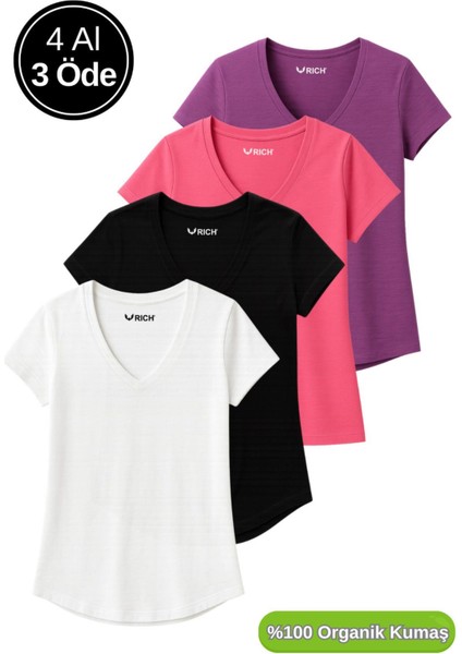 Kadın 4'lü Paket Siyah-Beyaz-Mor-Pembe %100 Organik Pamuk Tişört V Yaka T-Shirt
