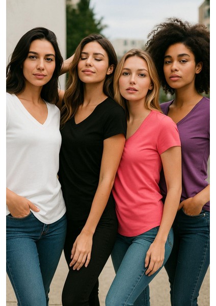 Kadın 4'lü Paket Siyah-Beyaz-Mor-Pembe %100 Organik Pamuk Tişört V Yaka T-Shirt modelleri