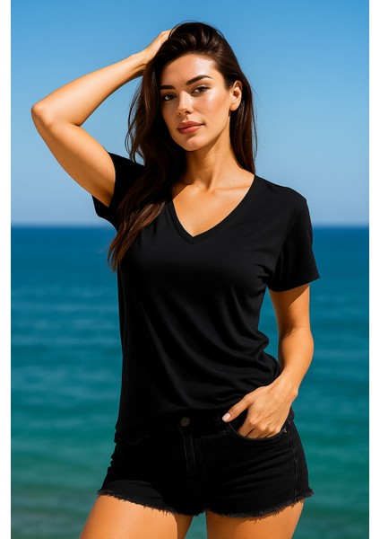 Kadın Siyah Viskon V Yakalı T-Shirt Kısa Kol Rahat Kesim Bluz fiyatları