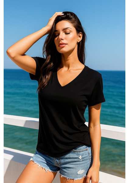 Kadın Siyah Viskon V Yakalı T-Shirt Kısa Kol Rahat Kesim Bluz modelleri