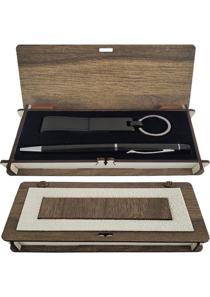 Ahşap Kutulu Siyah Kalem Anahtarlık Set Dekoratif Hediyelik