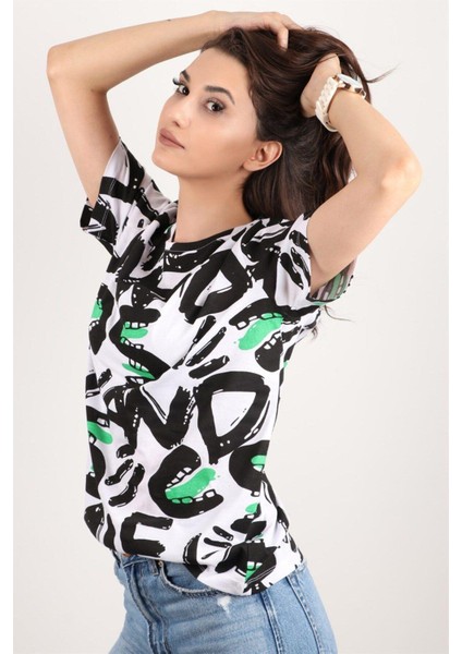 Kadın Baskılı Bisiklet Yaka Oversize T-Shirt fiyatları