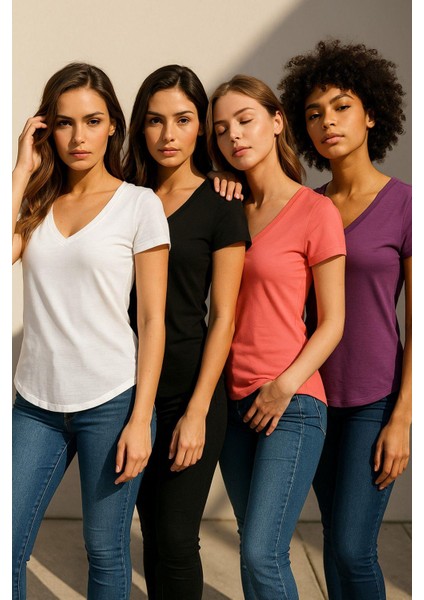 Kadın 4'lü Paket Siyah-Beyaz-Mor-Pembe %100 Organik Pamuk Tişört V Yaka T-Shirt fırsatları