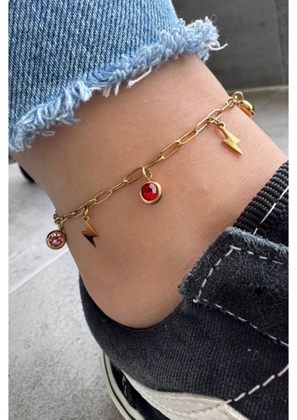 Renkli Zirkon Taşlı Şimşek Model Kadın Çelik Halhal