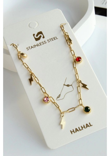 Renkli Zirkon Taşlı Şimşek Model Kadın Çelik Halhal modelleri