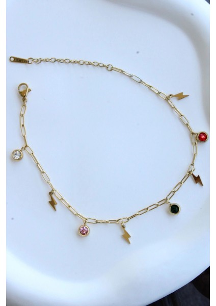 Renkli Zirkon Taşlı Şimşek Model Kadın Çelik Halhal fırsatları