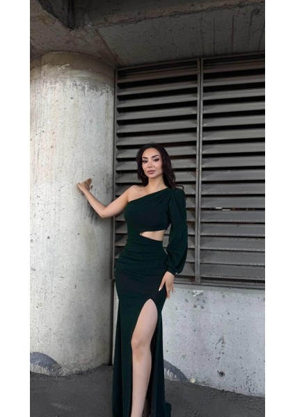 Flowers Esnek Kumaş Tek Omuzlu Pile Detaylı Abiye Elbise 583268 Zümrüt