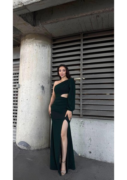 Flowers Esnek Kumaş Tek Omuzlu Pile Detaylı Abiye Elbise 583268 Zümrüt fiyatları