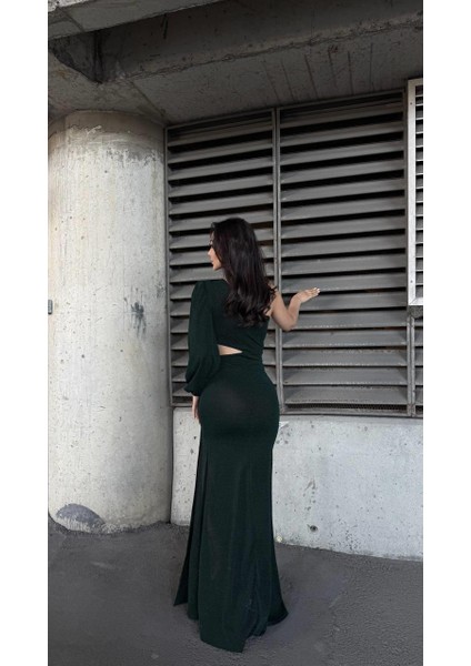 Flowers Esnek Kumaş Tek Omuzlu Pile Detaylı Abiye Elbise 583268 Zümrüt modelleri