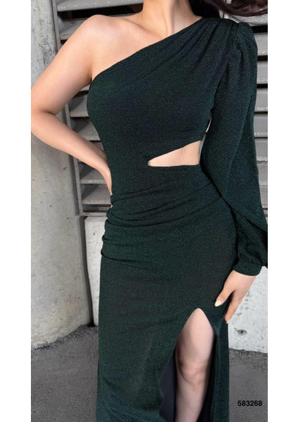 Flowers Esnek Kumaş Tek Omuzlu Pile Detaylı Abiye Elbise 583268 Zümrüt fırsatları