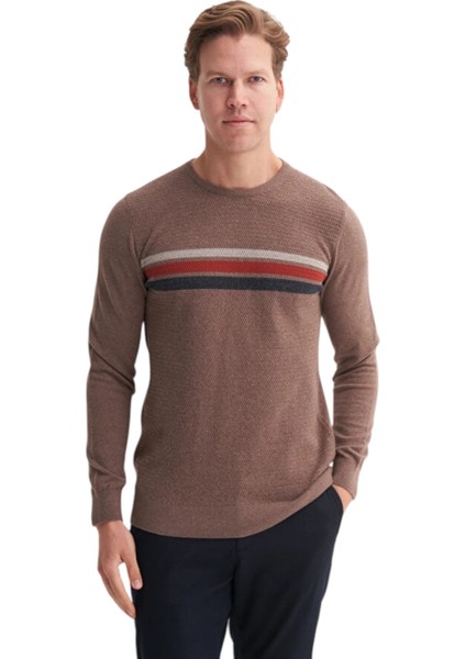 Soft Touch Slim Fit Basic Çizgi Baskılı Bisiklet Yaka Kazak