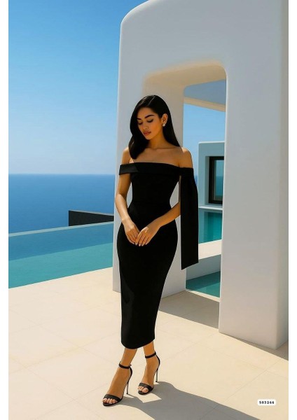 Omuz Detaylı Midi Boy Abiye Elbise Siyah 583244