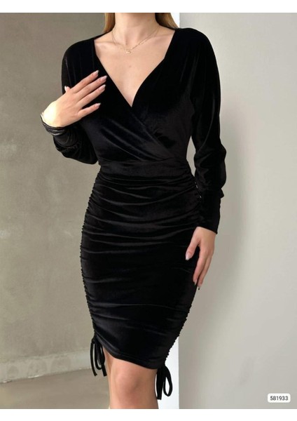 Drapeli Kruvaze Yaka Mini Boy Kadife Kumaş Abiye Elbise 581933 Siyah modelleri