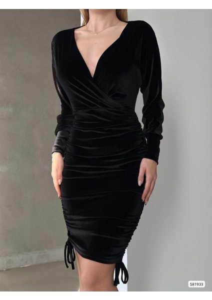 Drapeli Kruvaze Yaka Mini Boy Kadife Kumaş Abiye Elbise 581933 Siyah fırsatları