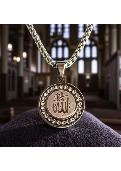 Allah Yazılı Zirkon Taşlı Çelik Kolye Ucu