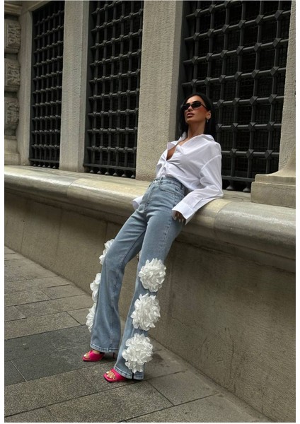 Pinterest Tasarım Gül Detaylı Palazzo Kot Pantolon Ithal Kumaş