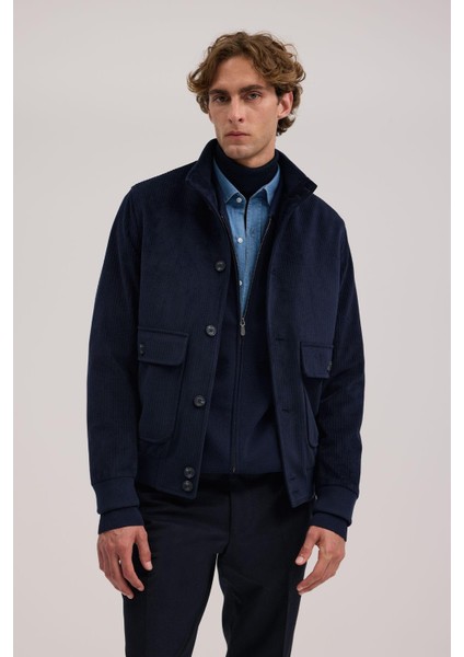 Lacivert Comfort Fit Hakim Yaka Kadife Mont